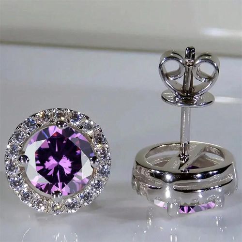 Purple - Boucles D'oreilles Classiques En Pierre Ronde À Quatre Griffes Pour Femmes,Cristal Arc-En-Ciel,Zircon Multicolore,Couleur Argent,Bijoux De Fiançailles