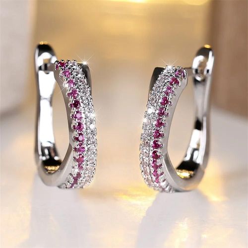 Silver Rose Red - Boucles D'oreilles En Zircon Multicolore Pour Femmes,Joli Cerceau Bleu Turquoise,Cristal Vert,Vintage,Mode,Couleur Argent,Bijoux De Mariage
