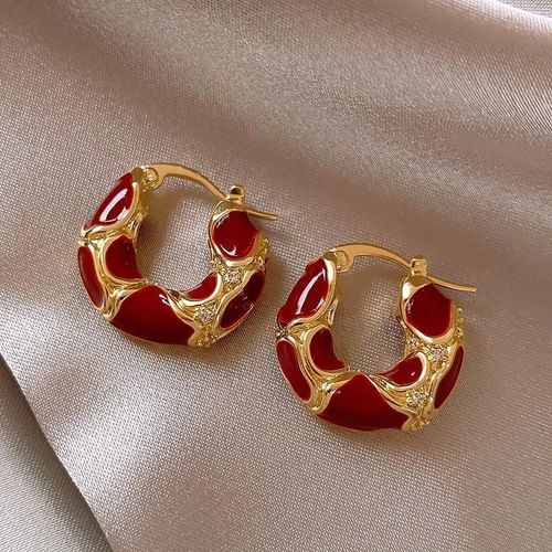 Red - Petites Boucles D'oreilles En Forme De Métal Pour Femmes,Couleur Émail,Texture Métallique,Mode Créative,Couleur Or,Boucle D'oreille,Bijoux,Nouvelle Collection