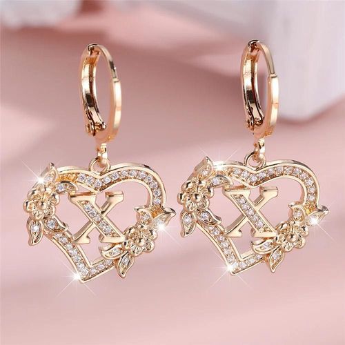 X - Boucles D'oreilles Créoles En Forme De C?ur Et De Fleur Pour Femmes,A-Z 26 Lettres,Couleur Or Jaune,Zircon Blanc,Bijoux De Mariage Pour Femmes