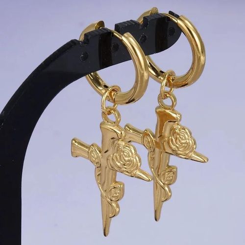 S1448-G - Boucles D'oreilles Punk Croix Épée Pendentif,Cerceaux En Acier Inoxydable Pour Femmes Et Hommes,Accessoires Non Ternissants,Bijoux Vintage,Cadeau Arete
