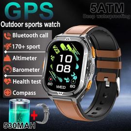 Brown Leather - Gps Smart Watch - Montre Connectée De Sport De Plein Air Pour Hommes,Batterie 530mah,Gps Intégré,100 + Mode Sport,Boussole,Étanche 5atm,Appel Bluetooth,Nouveau