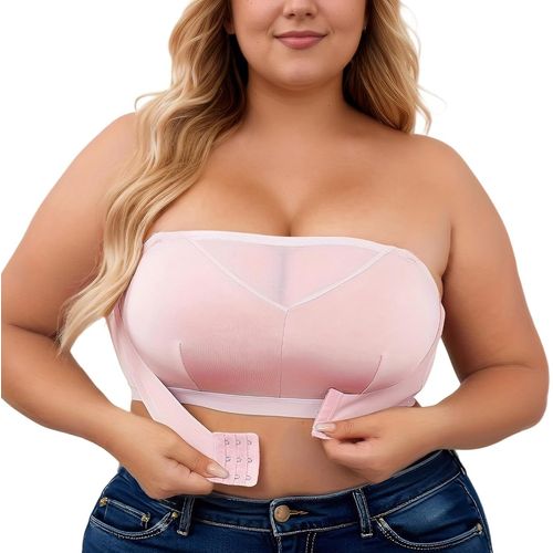 Women's Strapless Bra Plus Size Bandeau Wirefree Elastic Bra Buckle Front Without Padding.[F490]