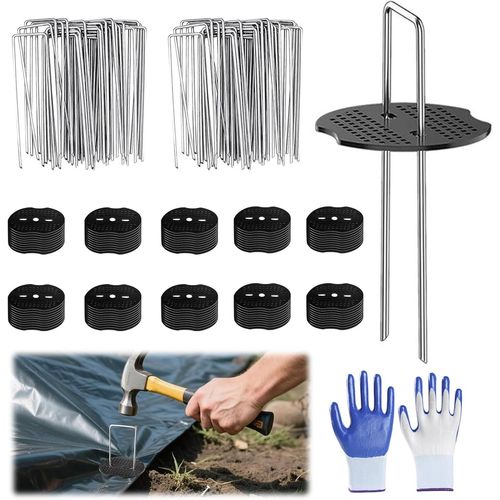 Kalanka-Lot De 50 Piquets D'ancrage En Toile Anti-Mauvaises Herbes Extra Solides - Ancrage Au Sol En Acier Galvanisé - Filet Anti-Taupe - Ancrage Au Sol Avec 50 Disques Tampons