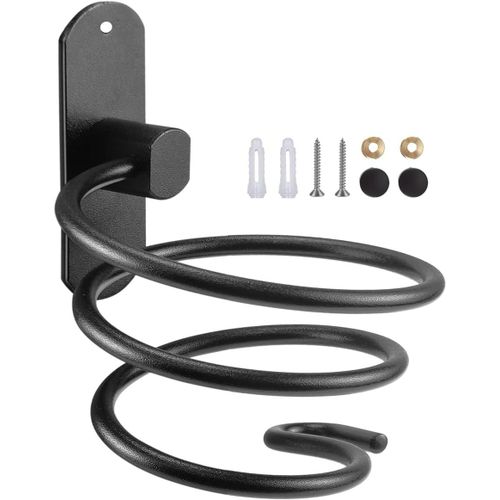 KALANKA-Support Seche Cheveux, Porte Seche Cheveux Mural Forme de Spirale avec Support de Câble Accroche Seche Cheveux en Aluminium Accessoires de Salle de Bain, Noir