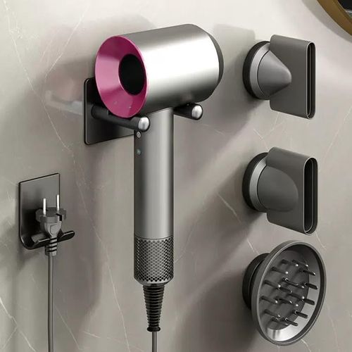 KALANKA-Support Seche Cheveux Compatible avec Dyson, Porte Seche Cheveux Mural, Support Seche Cheveux avec Rangement des Câbles, Convient pour 3 Embouts, en Alliage d'aluminium