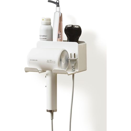 KALANKA-Support Seche Cheveux, Porte Seche Cheveux Mural sans Percage, Rangement Salle de Bain avec Rangement ABS et Range-Câbles pour Salle de Bain Hôtel de Chambre à Coucher (Modèle amélioré)