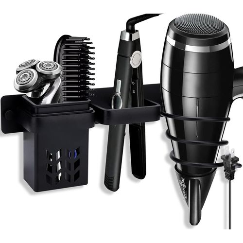 KALANKA-Porte Sèche Cheveux, Support de Lisseur avec Range-Câbles, Support Seche Cheveux Sans Percage, Support de Lisseur en Aluminium pour hôtel de Chambre à Coucher de Salle de Bain (Noir)