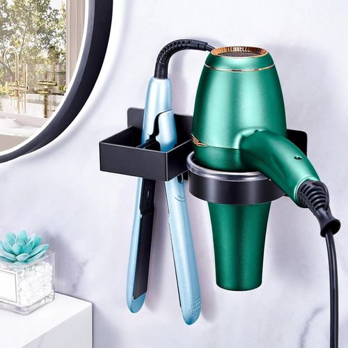 KALANKA-Support Seche Cheveux et Lisseur, Rangement Seche Cheveux en Acier Inoxydable, Noir Porte Seche Cheveux Mural sans Percage, Porte Lisseur, Style Auto Adhésif Porte Sèche Cheveux Salle de Bain