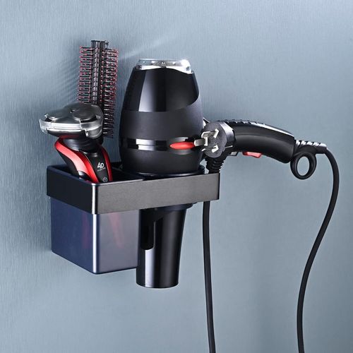 KALANKA-Porte Seche Cheveux Mural Adhesif, Support Seche Cheveux en Aluminium avec Rangement ABS et Range-Câbles, Support Sèche Cheveux sans Percage pour Salle de Bain Étagère 15x10.5x9cm, Noir