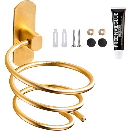 KALANKA-Support Seche Cheveux, Porte Seche Cheveux Mural Forme de Spirale avec Support de Câble Accroche Seche Cheveux en Aluminium Accessoires de Salle de Bain, Or
