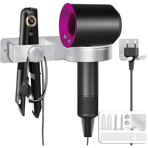 KALANKA-Support Seche Cheveux avec Range-Câbles sans Percage Porte Seche Cheveux et Lisseur Aluminium Titulaires pour Hôtel de Chambre à Coucher de Salle de Bain, Argent