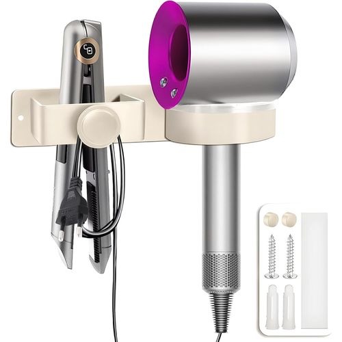KALANKA-Support Seche Cheveux avec Range-Câbles sans Percage Porte Seche Cheveux et Lisseur Aluminium Titulaires pour Hôtel de Chambre à Coucher de Salle de Bain (Blanc)