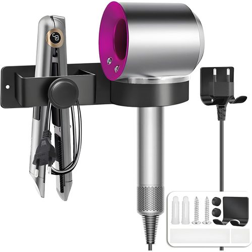 KALANKA-Support Seche Cheveux avec Range-Câbles sans Percage Porte Seche Cheveux et Lisseur Aluminium Titulaires pour Hôtel de Chambre à Coucher de Salle de Bain, Noir