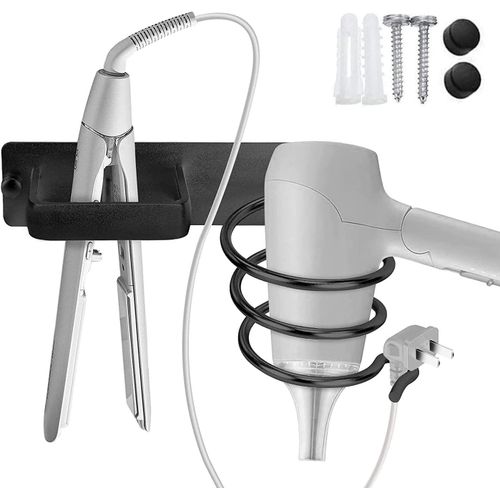 KALANKA-Support de sèche-Cheveux Mural Support de Lisseur Aluminium Support Mural pour Organisateur de Sèche-Cheveux Porte Sèche Cheveux pour Hôtel, Salle de Bains, Salon de Coiffure Noir (1pcs)