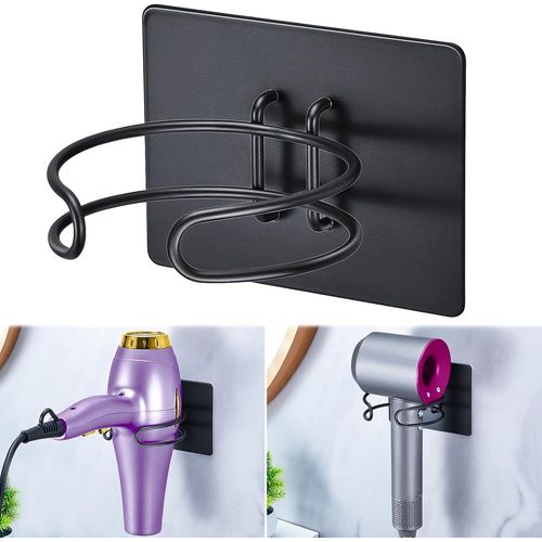 KALANKA-Support Seche Cheveux, Porte Seche Cheveux Mural, Acier Inoxydable Porte Seche Cheveux, Auto-adhésif Support Seche Cheveux sans Percage, Convient pour Salle De Bain, De Coiffure, Hôtel, Noir