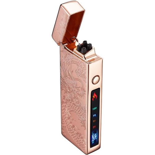 KALANKA-Personnalisé Briquet Électrique Indicateur de Batterie Briquet USB Plasma Rechargeable Coupe-Vent & sans Flamme, Briquet Double Arc avec Indicateur de Batterie pour Bougies/Grill (Doré Dragon