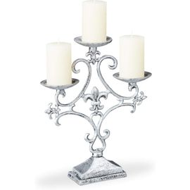 KALANKA-Chandelier, 3 Branches, Porte Grosses Bougies, Vintage, en Fonte de Fer,HlP 28,5x23x7,5cm, argenté