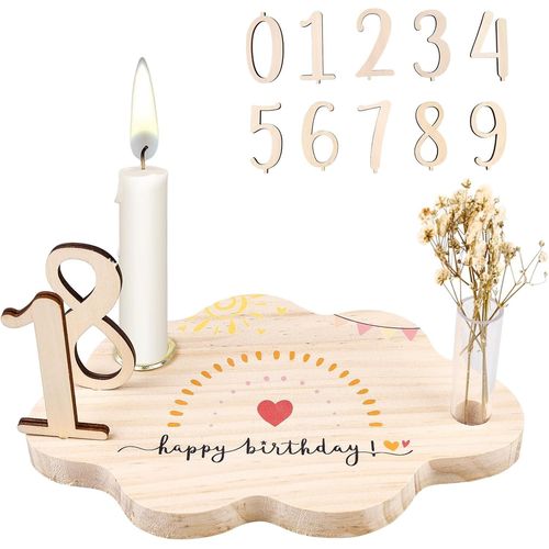 Kalanka-Assiette D'anniversaire En Bois Personnalisée Avec Bougeoir - Vase - Chiffres Annuels De 0 À 9 - Livre D'or - Décoration D'anniversaire En Bois Pour Garçons, Filles, Adultes