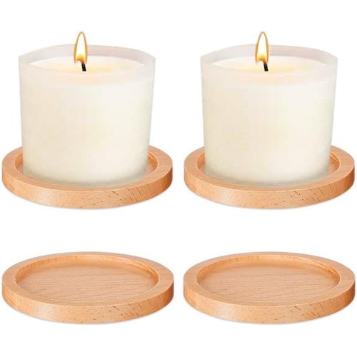 Kalanka-4 Pièces Assiette En Bois L'assiette Pour Bougies, Sous-Verres Ronds En Bois Pour Bougies, Bougeoir De Baptême Pour Bougies Jusqu'à D 8 Cm Pour Boissons, Bière, Verre, Tasses, Bougies