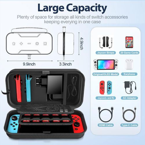 Étui Switch Compatible Avec Nintendo Switch/Switch Oled, Sac De Voyage Portable Pour Joy-Con Et Adaptateur Secteur, Housse Rigide Et Switch Accessoires Avec 20 Emplacement Pour Carte, Noir