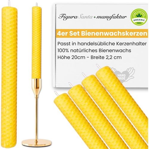 KALANKA-® Lot de 4 bougies en cire d'abeille - Jaune - 20 x 2 cm - 100 % cire d'abeille bio - Fabriquées à la main - Sans paraffine - Durée de combustion : environ 6 heures