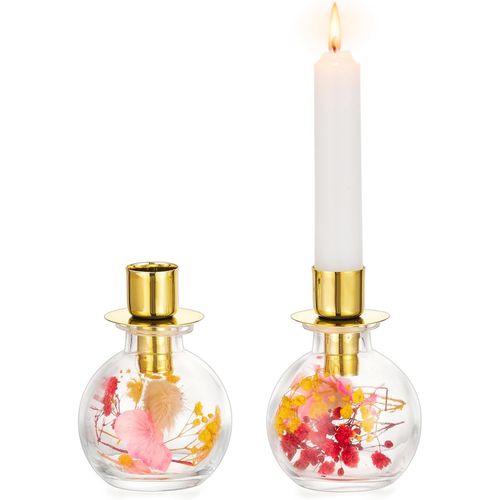 KALANKA-Bougeoir Bougies à tige Bougeoirs avec fleurs séchées : 2 bougeoirs en verre Bougeoirs dorés Cadeaux de Noël pour femmes Décoration de table à manger Printemps Décoration bohème
