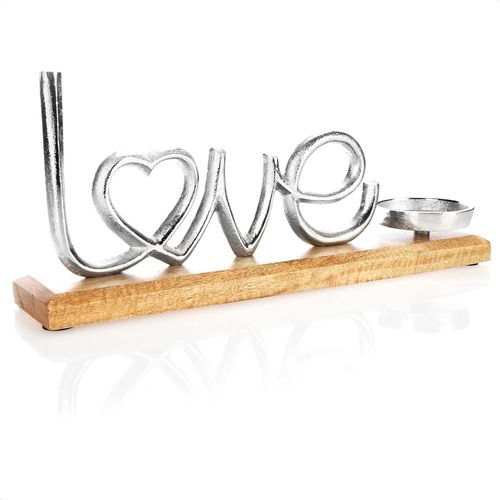 Kalanka-Com-Four® Bougeoir Avec Figurine Décorative - Bougeoir Décoratif En Aluminium Nickelé Avec Base En Bois De Manguier - Photophore Pour Bougies De Toutes Sortes (Amour - L)