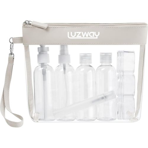 KALANKA-Trousse de Toilette Transparente + 8 Bouteilles Vide de Voyage pour Liquides(Max.100ml), Kit de Voyage pour l`Avion,Set de Voyage dans Bagages à Main, Sac Cosmétiques pour Hommes et Femmes