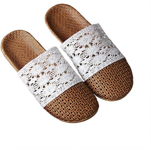 Kalanka-Femmes Chaussons En Dentelle Lin Pantoufles Antidérapantes Intérieur Extérieur Chaussons Légères Et Respirantes Sandales D'été Enveloppement Des Orteils Slippers Claquettes Piscine Plage