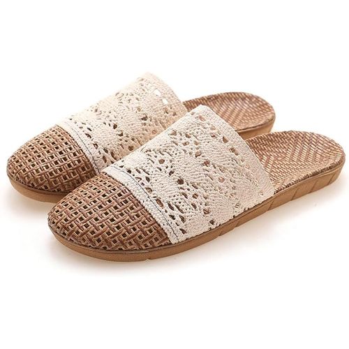 Kalanka-Femmes Chaussons En Dentelle Lin Pantoufles Antidérapantes Intérieur Extérieur Chaussons Légères Et Respirantes Sandales D'été Enveloppement Des Orteils Slippers Claquettes Piscine Plage
