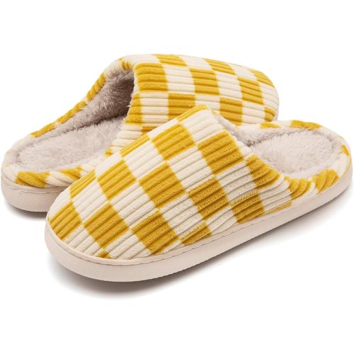 Kalanka-Chaussons Femmes Hommes Hiver,Pantoufles Femmes Carreaux En Mousse Floue Glissent Sur Des Chaussons Moelleuses De Chambre À Coucher Anti-Skid Intérieur Extérieur