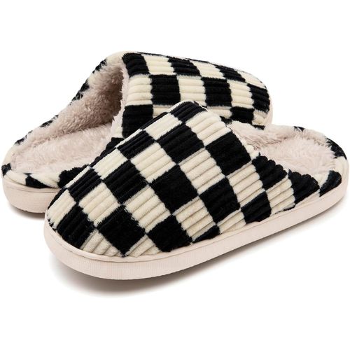 Kalanka-Chaussons Femmes Hommes Hiver,Pantoufles Femmes Carreaux En Mousse Floue Glissent Sur Des Chaussons Moelleuses De Chambre À Coucher Anti-Skid Intérieur Extérieur