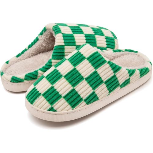 Kalanka-Chaussons Femmes Hommes Hiver,Pantoufles Femmes Carreaux En Mousse Floue Glissent Sur Des Chaussons Moelleuses De Chambre À Coucher Anti-Skid Intérieur Extérieur