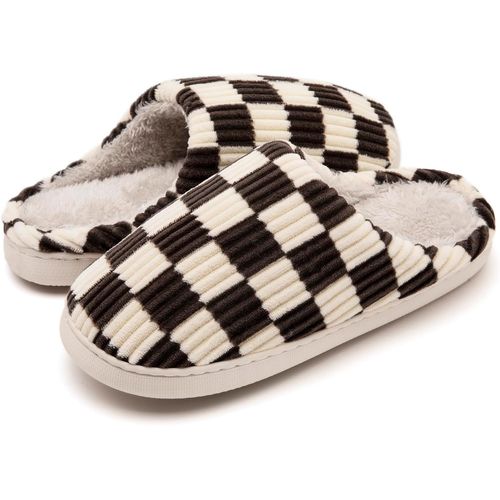 Kalanka-Chaussons Femmes Hommes Hiver,Pantoufles Femmes Carreaux En Mousse Floue Glissent Sur Des Chaussons Moelleuses De Chambre À Coucher Anti-Skid Intérieur Extérieur