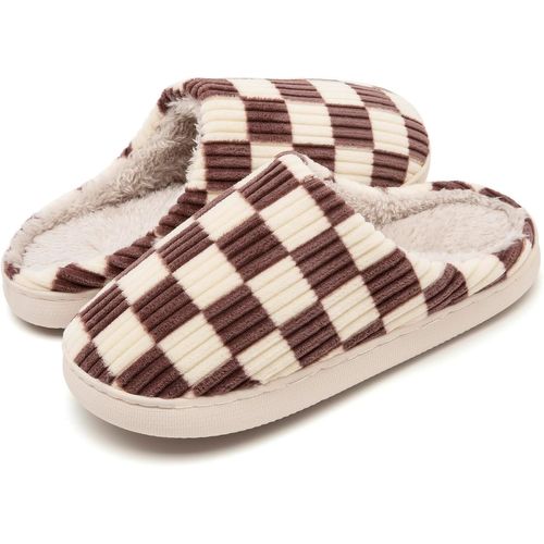 Kalanka-Chaussons Femmes Hommes Hiver,Pantoufles Femmes Carreaux En Mousse Floue Glissent Sur Des Chaussons Moelleuses De Chambre À Coucher Anti-Skid Intérieur Extérieur