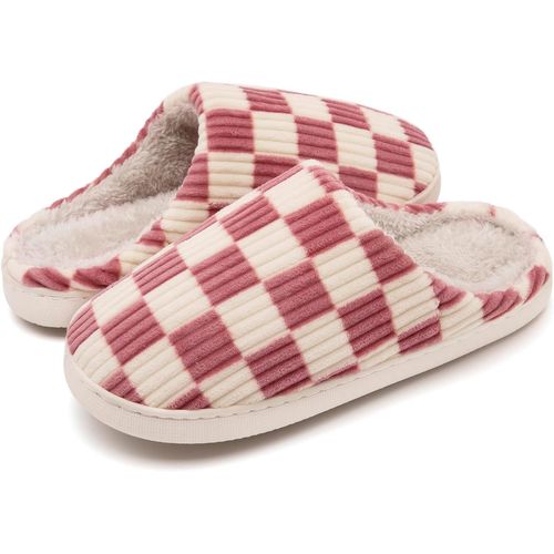 Kalanka-Chaussons Femmes Hommes Hiver,Pantoufles Femmes Carreaux En Mousse Floue Glissent Sur Des Chaussons Moelleuses De Chambre À Coucher Anti-Skid Intérieur Extérieur