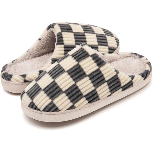 Kalanka-Chaussons Femmes Hommes Hiver,Pantoufles Femmes Carreaux En Mousse Floue Glissent Sur Des Chaussons Moelleuses De Chambre À Coucher Anti-Skid Intérieur Extérieur