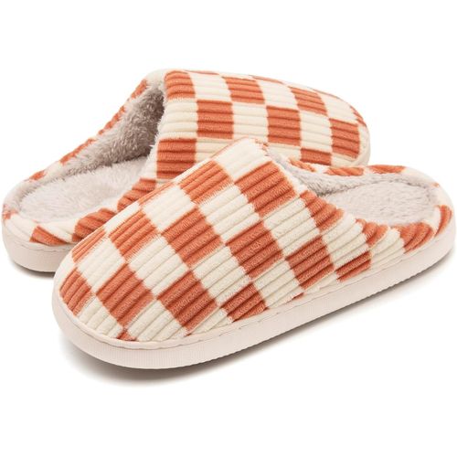 Kalanka-Chaussons Femmes Hommes Hiver,Pantoufles Femmes Carreaux En Mousse Floue Glissent Sur Des Chaussons Moelleuses De Chambre À Coucher Anti-Skid Intérieur Extérieur