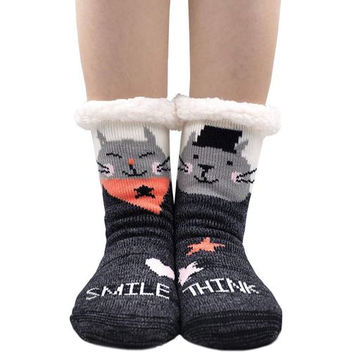 Kalanka-Femme Chaussons Chaussettes Hiver Maison Épaisse Chaussettes De Pantoufle Avec Semelle Antidérapantes Doublée Fourrure Sherpa Motif Animal Fantaisie Cadeau Pour Noël 1 Paire Taille 35-41