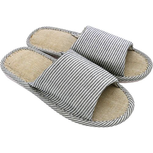 Kalanka-Femmes Et Hommes Cotton Flax Casual Soft Light À Bout Ouvert Pantoufles Maison Confortables Et Respirables Antidérapant Pour Intérieur Et Extérieur