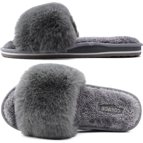 Kalanka-Chaussons Femme Fourrure Pantoufles Peluche Claquette Femme Pantoufles Maison Sandal Bout Ouvert -Orthopédique-Antidérapant-Lavable