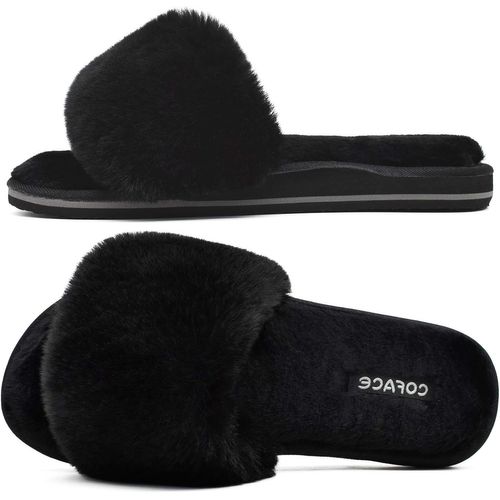 Kalanka-Chaussons Femme Fourrure Pantoufles Peluche Claquette Femme Pantoufles Maison Sandal Bout Ouvert -Orthopédique-Antidérapant-Lavable