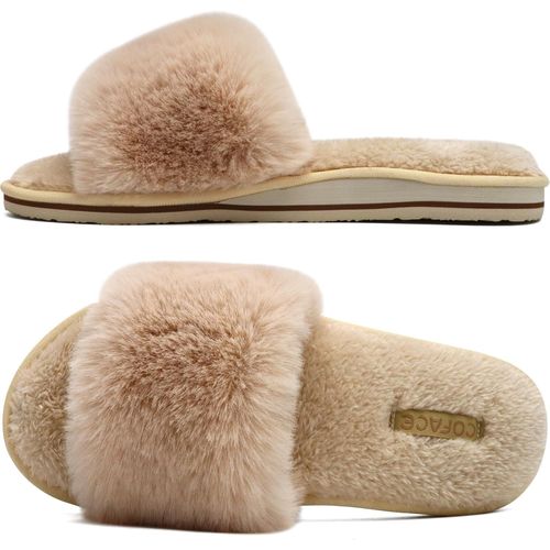 Kalanka-Chaussons Femme Fourrure Pantoufles Peluche Claquette Femme Pantoufles Maison Sandal Bout Ouvert -Orthopédique-Antidérapant-Lavable