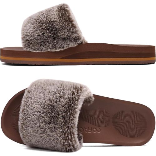 Kalanka-Chaussons Femme Fourrure Pantoufles Peluche Claquette Femme Pantoufles Maison Sandal Bout Ouvert -Orthopédique-Antidérapant-Lavable