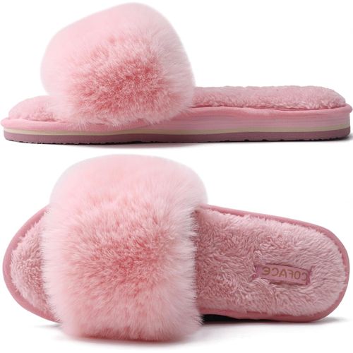 Kalanka-Chaussons Femme Fourrure Pantoufles Peluche Claquette Femme Pantoufles Maison Sandal Bout Ouvert -Orthopédique-Antidérapant-Lavable