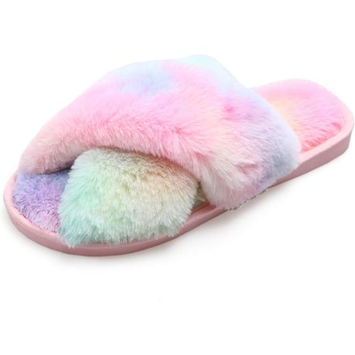 Kalanka-Pantoufle Femme Chausson Peluche Chaud Slippers Claquette Fourrure Sandal Bout Ouvert Accueil Chaussures