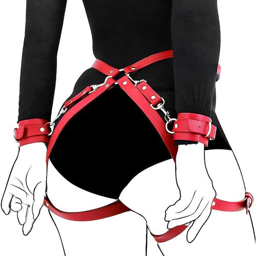 Kalanka-Ensemble De Bondage Sexuel Bdsm Avec Menottes Et Sangle De Taille Pour Le Croisement Des Cuisses Ensemble De Bondage Érotique Ajustable Pour Le Jeu Bdsm Couple (Rouge)