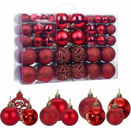 Lot de 100 boules de Noël rouges pour sapin de Noël, décorations scintillantes, opaques et brillantes, diamètre 3, 4 et 6 cm