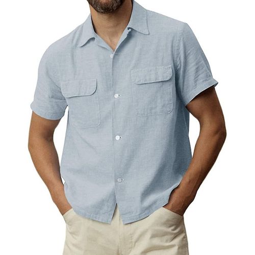 Chemise Homme Coton Lin Manches Courtes Xxl Bleu Clair